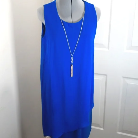 JM Collection Blue Dress W/ chiffon, Sz M, & Neckless - Picture 2 of 8